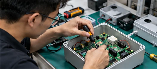 Engineer assembling electronic boards inside an enclosure