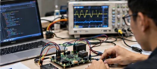 Engineer testing an embedded board with an oscilloscope
