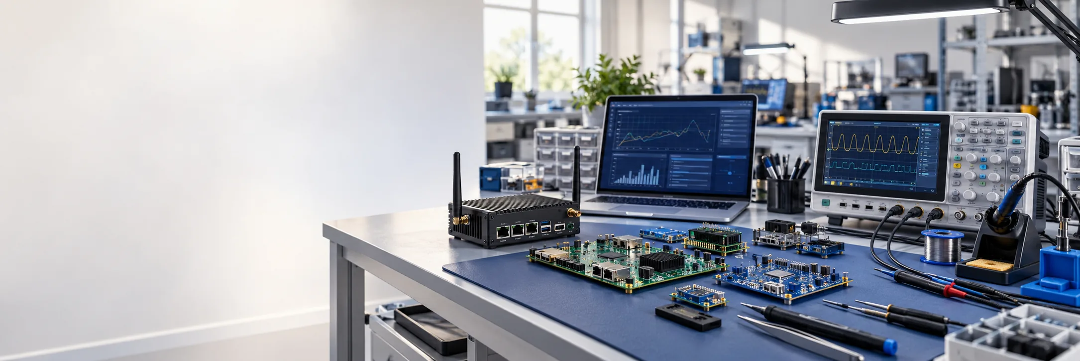 Illustrative engineering laboratory with circuit boards, test equipment and an IoT gateway