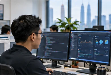 Engineer reviewing software and dashboards in an office