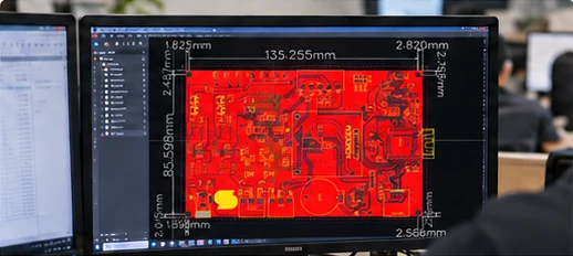 Monitor displaying Baztech’s red PCB layout