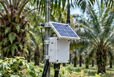 Solar-powered monitoring enclosure in an oil palm plantation