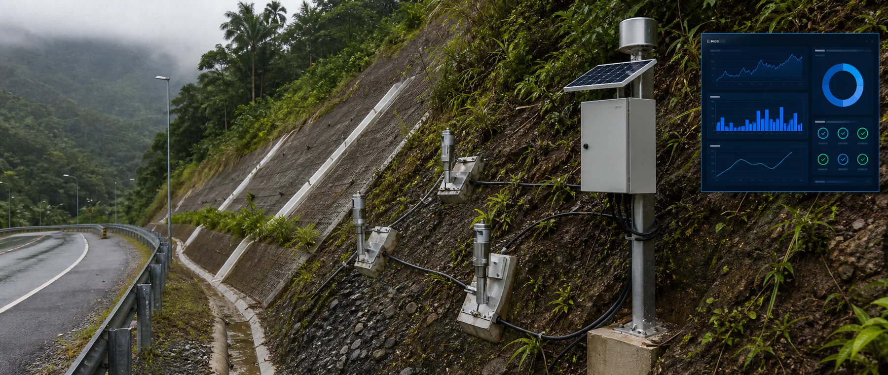 Remote tilt, ground movement, rainfall and site-condition telemetry for slope-risk projects.