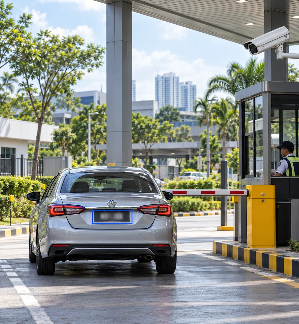 Vehicle at a guarded entrance with a plate detection overlay