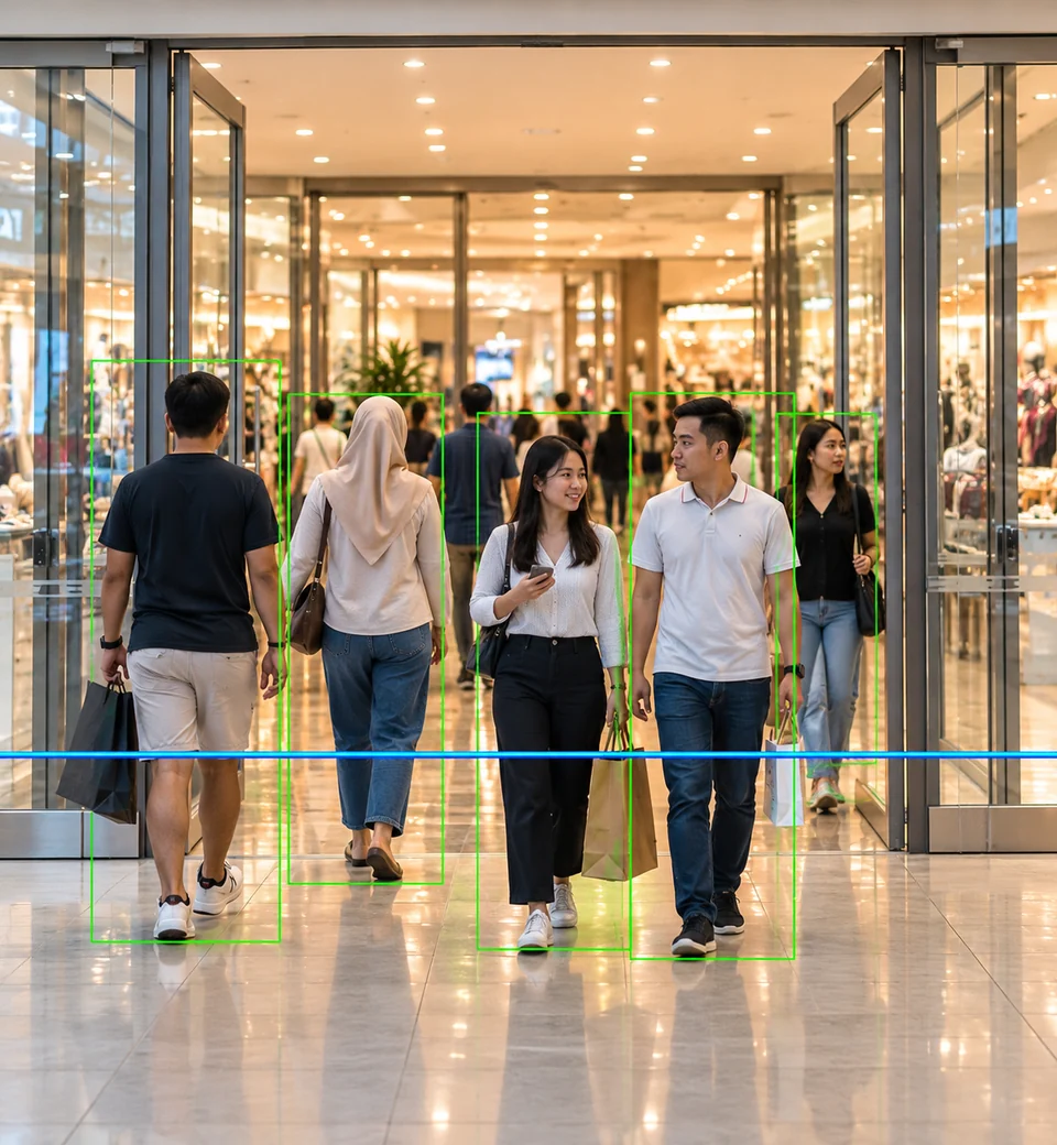 Shoppers at a retail entrance with counting line and person detection overlays
