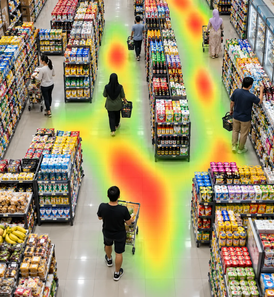 Overhead retail aisles with a heatmap highlighting shopper movement patterns