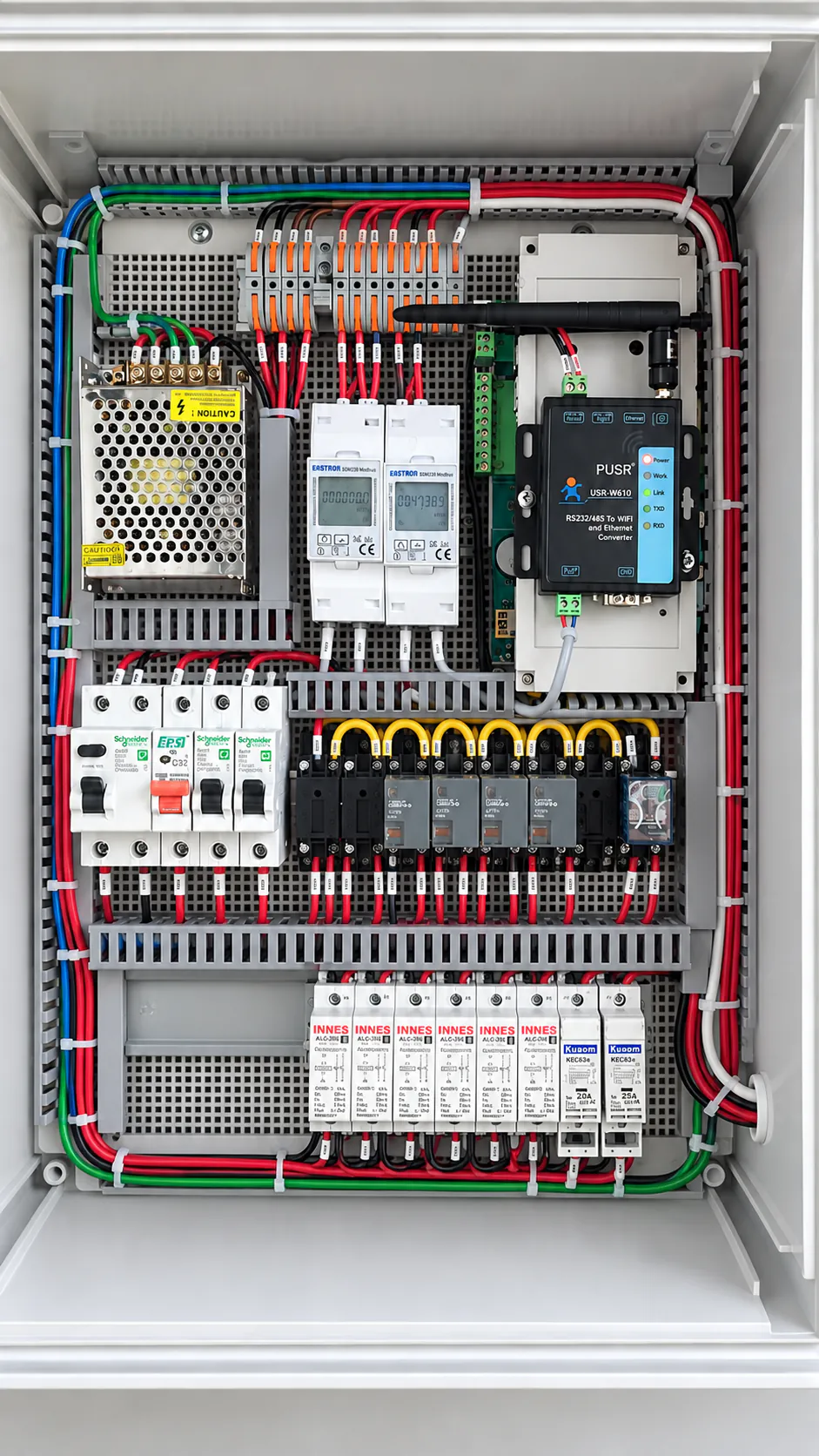 Energy-meter cabinet illustration with a PUSR serial converter