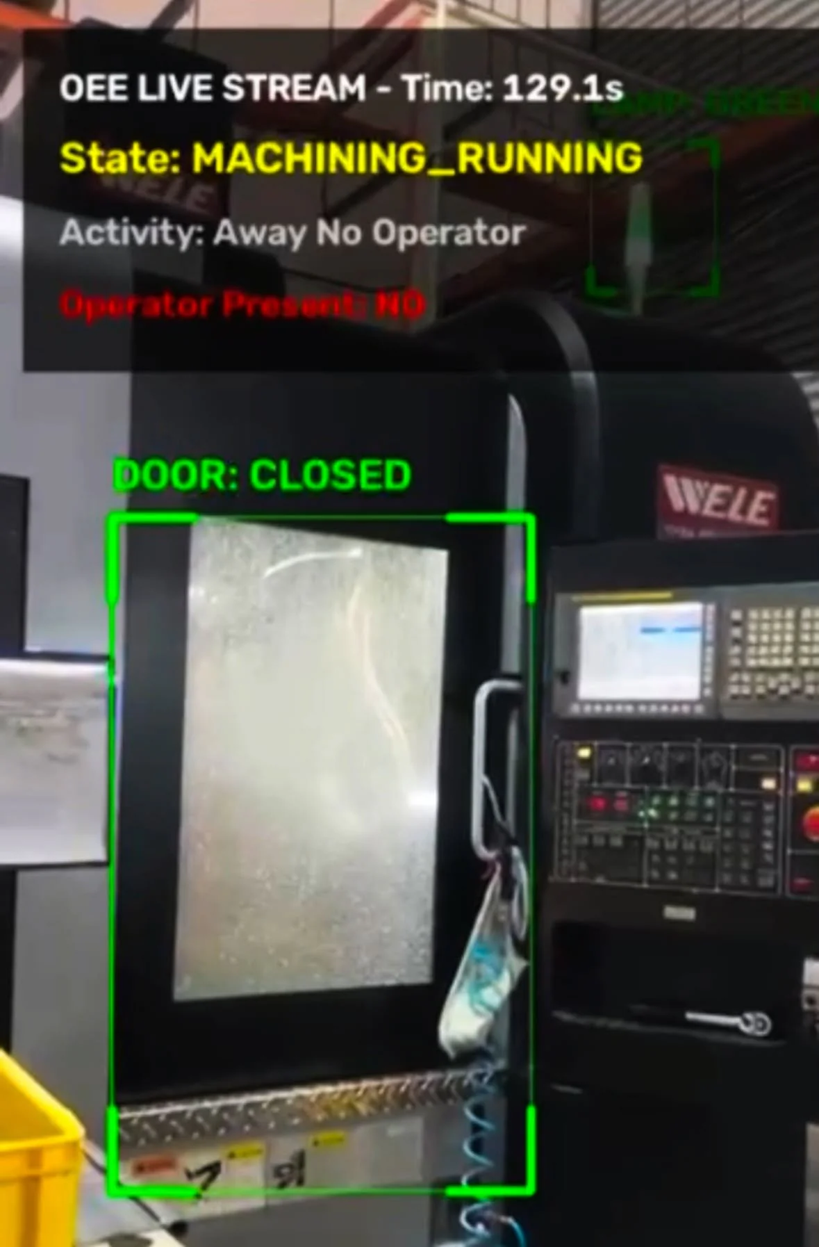CNC video frame with machine-state and closed-door detection overlays