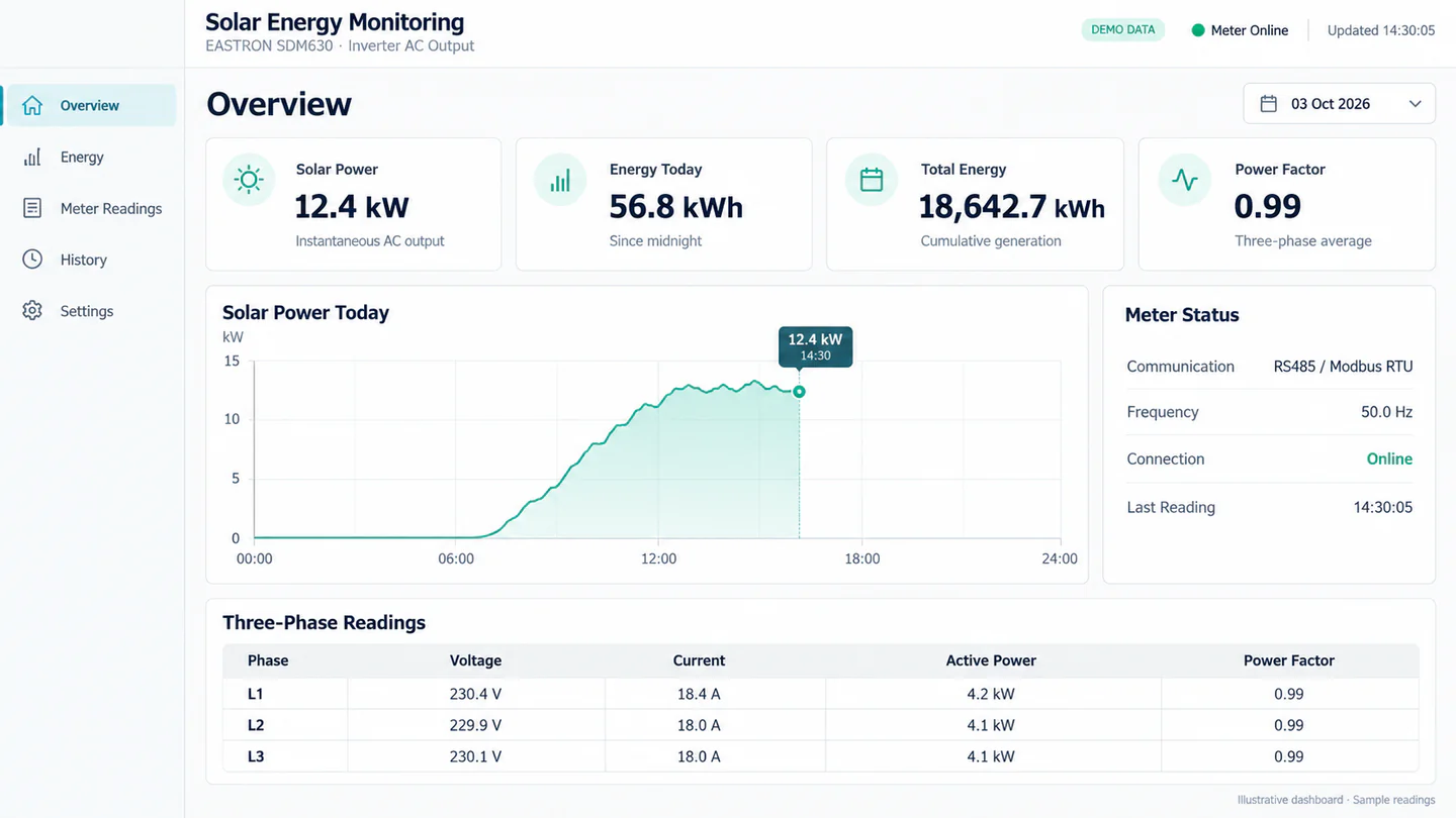 Solar energy monitoring dashboard with demo EASTRON SDM630 readings