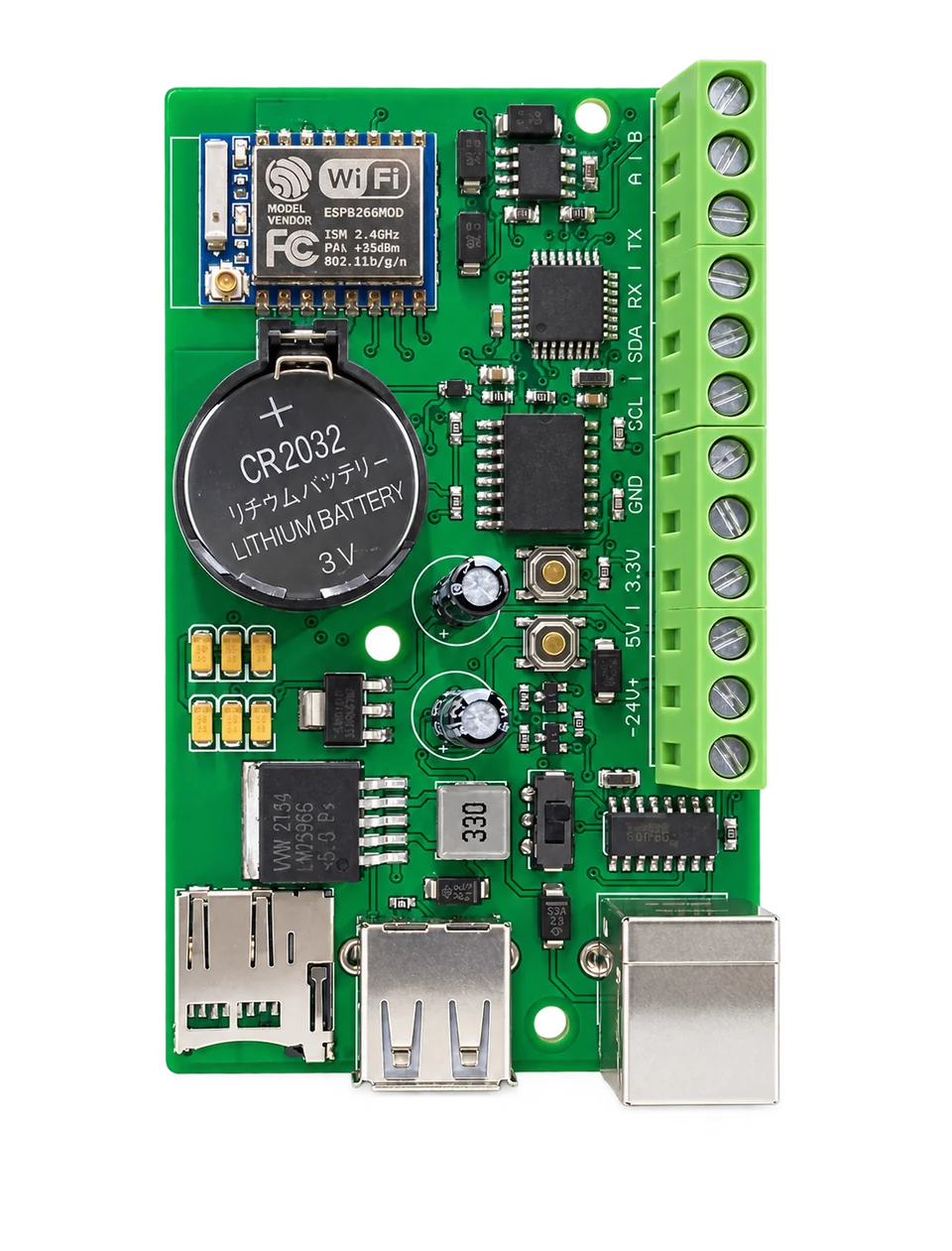 Compact Wi-Fi Interface Board PCB on a white background