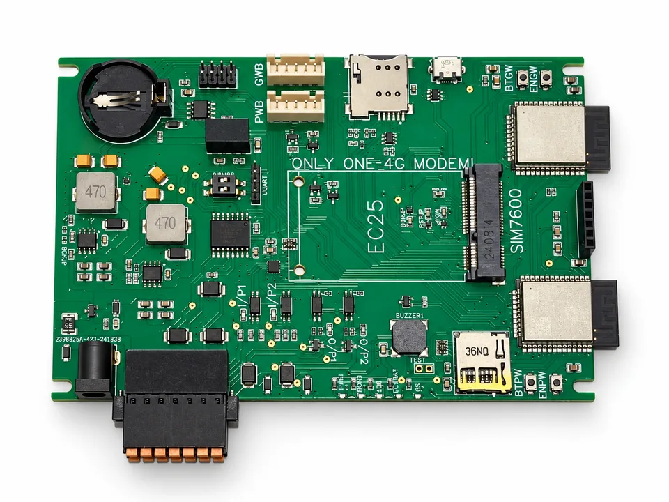 Green gateway PCB with two shielded wireless modules, empty modem socket, battery holder and field connector