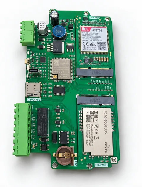 Baztech industrial IoT controller PCB with cellular and LoRa modules, ESP32, screw terminals, relay, USB-C and RTC battery holder