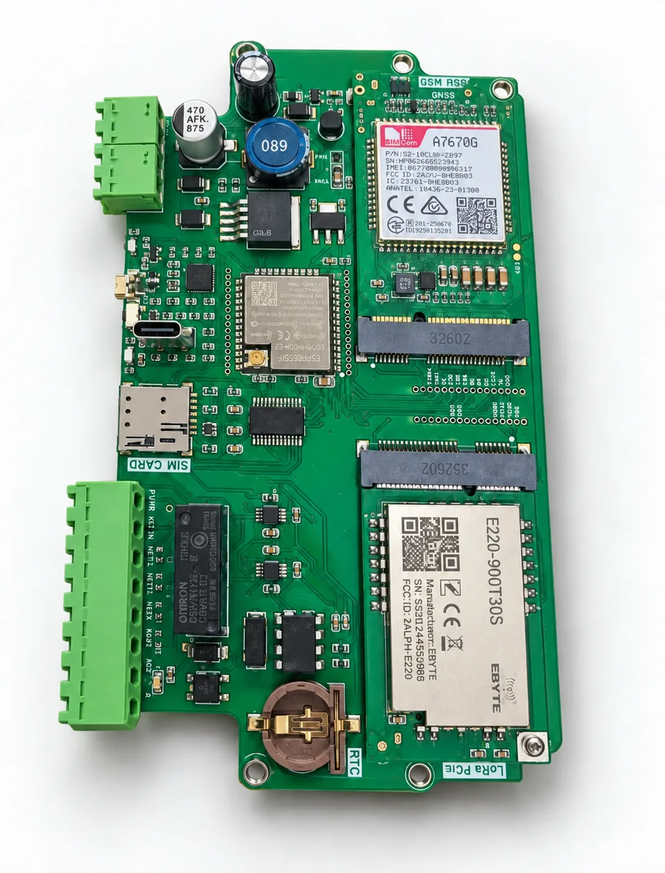 Baztech industrial IoT controller PCB with cellular and LoRa modules, ESP32, screw terminals, relay, USB-C and RTC battery holder