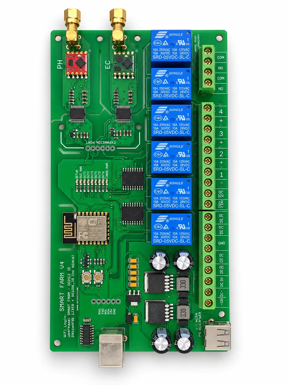 EC and pH Wi-Fi with 6-Relay PCB on a white background