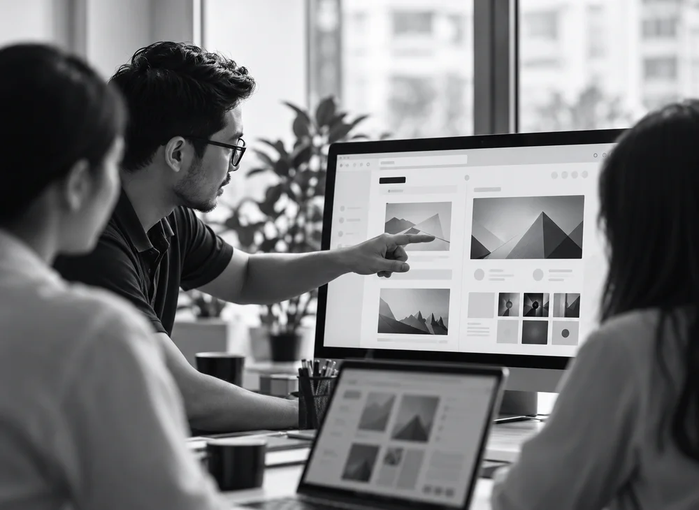 Designers reviewing a website layout together